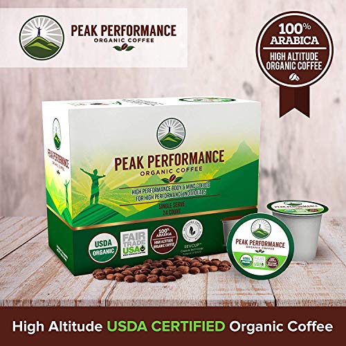 Organic Coffee Pods - Peak Performance High Altitude Organic Coffee. Coffee for High Performance Individuals. Fair Trade, Low Acid, Organic Beans Medium Roast. Single Serve 24 Coffee Pods, Cups