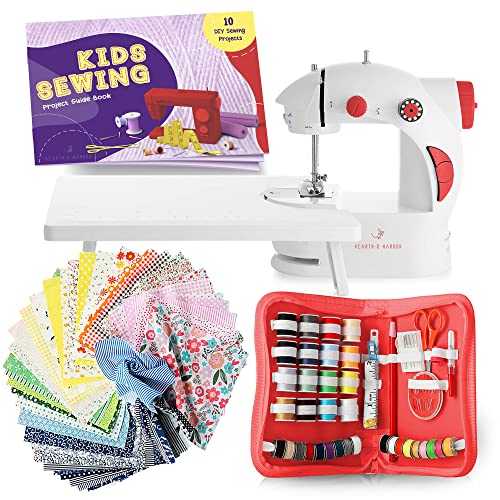 Hearth & Harbor Mini Sewing Machine for Beginners with Sewing Kit, 122 PC Dual Speed Portable Sewing Machine, Travel Small Sewing Machine Kit, Kids Sewing Machine Ages 8-12 with DIY Sewing Book & More