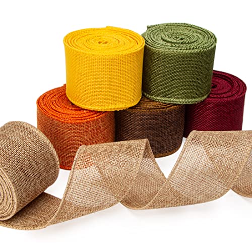 Ribbli Fall Burlap Ribbon,Natural/Yellow/Orange/Sage/Brown/Burgundy Burlap Wired Ribbon,2 Inch x 6 Colors Total 30 Yard, Fall Wired Ribbon for Big Bow,Wreath,Outdoor Decoration