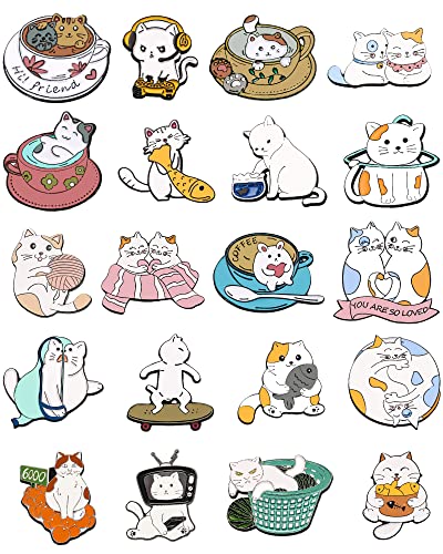 20 Pieces Enamel Cat Pins Animal Dessert Enamel Brooch Pins Cute Cat Pins for Backpacks Aesthetic Cartoon Lapel Pins for Bags Clothing Decoration Gift (Cute Style)