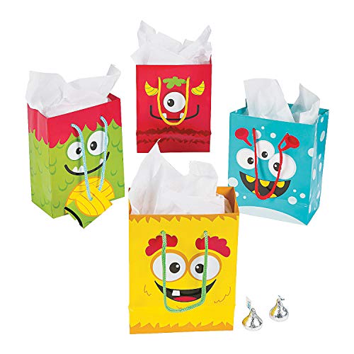 Fun Express - Mini Monster Small Gift Bag (dz) for Birthday - Party Supplies - Bags - Paper Gift W & Handles - Birthday - 12 Pieces