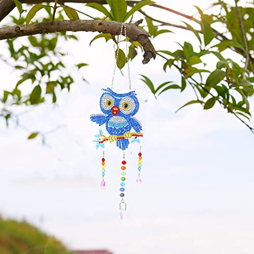 Owl 5D Diamond Painting Wind Chimes Kits, Crystal Gem Paint by Number Diamond Painting Hanging Ornament for Home Wall Window Decor, Adults Kids DIY Art Craft