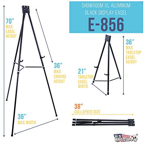 U.S. Art Supply 70" High Showroom XL Aluminum Display Easel, Holds 45 lbs - Heavy Duty Extra Large Black Presentation Stand, Adjustable Portable Tripod, Floor Tabletop Display Paintings, Signs, Poster