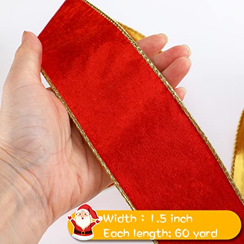 Christmas Velvet Ribbon Satin Ribbon Solid Color Wired Edge Ribbon Gold Trim Wrapping Ribbon Christmas Ribbon Decoration Soft Smooth Craft Ribbon for Bow Making (Gold, Red, 2.5 Inch x 60 Yards)
