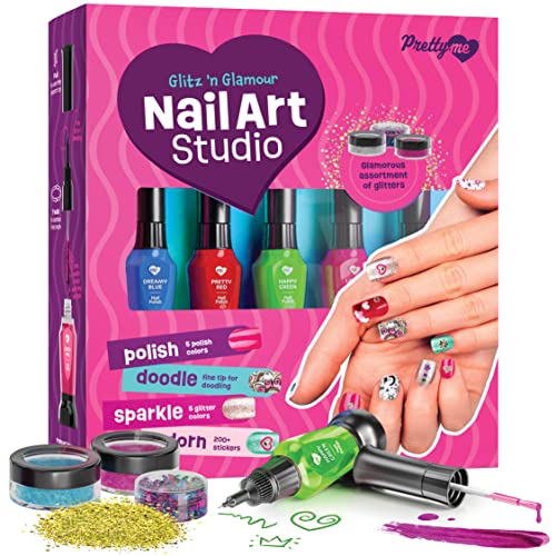 Nail Art Studio for Girls - Nail Polish Kit for Kids Ages 7-12 Years Old - Girl Gifts - Glitz 'n Glamour Girls Nails Gift Set - Cool Girly Stuff - Polish, Pens, Glitter, Stickers, Gems, Filer