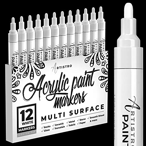 Paint Pens for Rock Painting, Stone, Ceramic, Glass, Wood, Tire, Fabric, Metal, Canvas. Set of 12 Markers for Acrylic Painting, Water-based, Medium Tip (White)