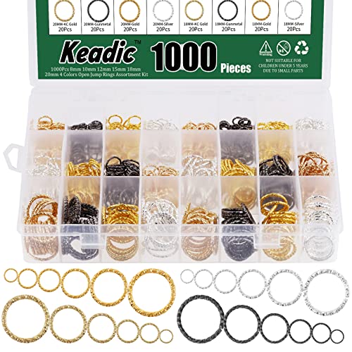 Keadic 1000 Pcs 6 Size 4 Colors Twisted Open Jump Rings, 8/10/12/15/18/20 mm O Ring Connectors Jewelry Finding Parts for DIY Earring Bracelet Necklace Pendants Jewelry Making