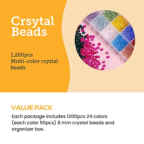 Incraftables Crystal Glass Beads 24 Colors 1200pcs Kit for Jewelry Making, Hair Accessories, & DIY Bracelets. Large 6mm Briolette Rondelle Assorted Crafting Bead with Elastic String for Kids & Adults