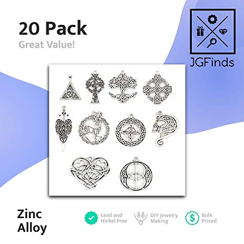 JGFinds Celtic Knot Charm Pendants in Antiqued Silver Tone, Themes of Tree of Life, Viking, Rune, Pagan, Irish, Wiccan and More, 20 Pack (Mixed Set, 2 of Each)