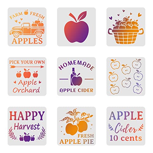 FINGERINSPIRE 9Pcs Apple Drawing Stencil 11.8x11.8 inch Farm Apple Harvest Painting Template Apple Fruit DIY Craft Reusable Stencil Farm Apple Orchard Stencil for Painting on Wood, Wall, Fabric