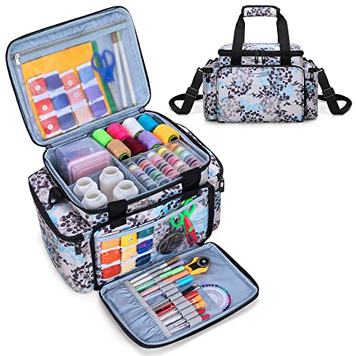 CURMIO Sewing Accessories Organizer, Large Sewing Supplies Storage Bag with Shoulder Strap for Spool Thread, Scissor and Sewing Needles, Dandelion (Bag Only)