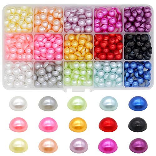 YAKA 800Pcs 9mm Imitation Pearls Half Round Flat Back Gem Mixed 15 Colors Cabochons for Scrapbook Craft DIY Beads Material + Plastic Box (9mm)