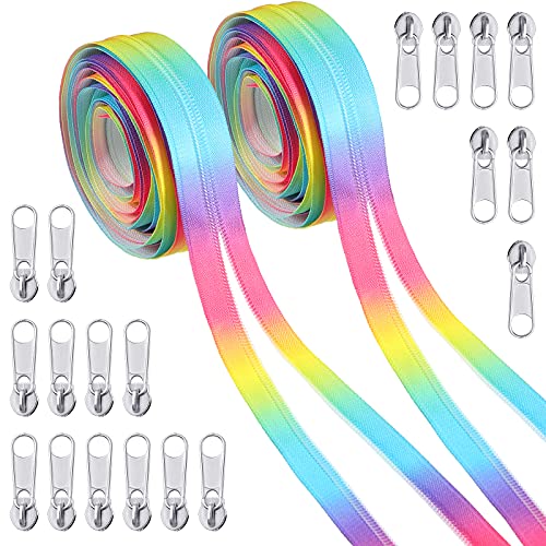 2 Rolls Number 5 10 Yards Nylon Coil Zippers and 20 Pieces Silver Zipper Pulls Rainbow Color Coil Zipper by The Yard Long Zippers Metal Zipper Sliders Zipper Pull Replacement for Tailor Sewing Crafts