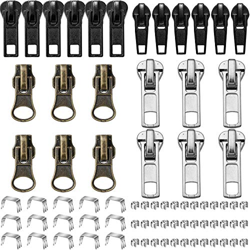 24 Pieces Black Bronze and Silver Zipper Sliders Zipper Pull Replacement with Zipper Slider Repair Kits for Metal Plastic Nylon Coil Jacket Zippers Supplies