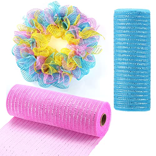 2 Pack Mesh Poly Mesh Ribbon Poly Metallic Mesh Foil Rolls 10 Inch x 30 Feet for DIY Craft Swags Easter St Patrick's Day Spring Decorating (Blue, Pink)