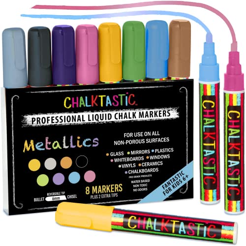 Chalktastic Liquid Chalk Markers for Kids - Set of 8 Washable, Dry Erase Pens for School, Menu Board & Car Window Glass - Metallic, Erasable Chalkboard Pen Pack - Gifts for Artists