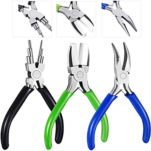 3 Pieces Jewelry Pliers Set Includes 6-in-1 Bail Making Looping Pliers Nylon Nose Pliers Bent Nose Pliers for DIY Jewelry Beading Making Crafts Tool Supplies