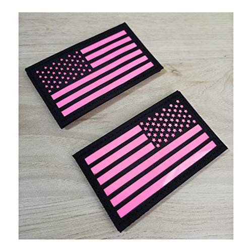 2x3.5 Black Pink Glow in Dark US USA American Flag Tactical Patches (1 Left + 1 Right)