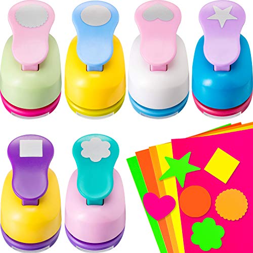 Craft Holes Punch 1 Inch Paper Punchers Scrapbook Punches with Craft Sticker Paper, Round, Star, Square, Heart, Flower, Wave Circle Shape (16 Pieces)