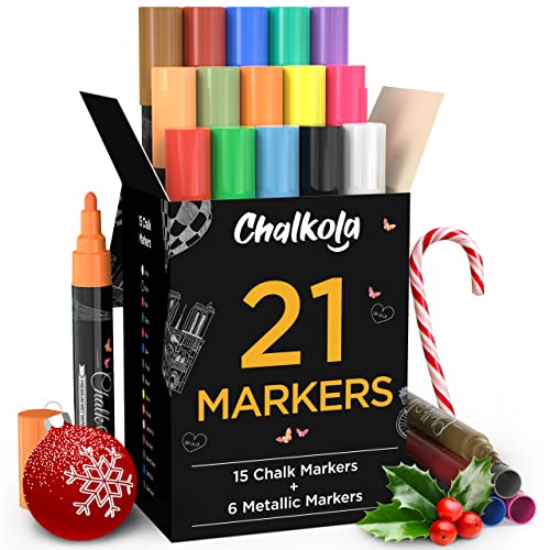 Chalkola Liquid Chalk Markers & Metallic Colors (Pack of 21) - Erasable Chalk Pens for Chalkboard, Blackboard, Window, Bistro, Car Glass, Board - Neon Paint Ink Chalkboard Markers 6mm Reversible Tip
