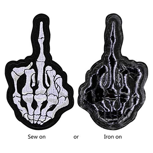 MIKIMIQI Skeleton Finger Embroidered Applique Patch Heavy Metal Music Hand Symbol Sew on or Iron on Patches for DIY Punk Rock and Roll Costume, Jeans, Jackets, Clothing, Bags
