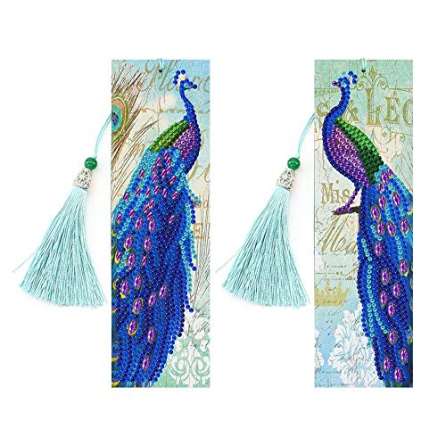 Peacock Bookmark Diamond Painting Kits - pigpigboss 2 Pieces 5D DIY Diamond Painting by Numbers Crystal Rhinestones Peacock Diamond Painting Dots Kit Book Decor Arts for Adult Kids (21 x 6 cm)