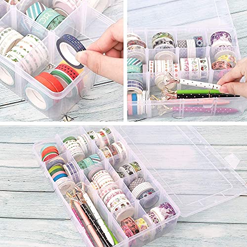 SGHUO 3 Pack 15 Grids Plastic Organizer Box for Washi Tape, Clear Crafts and Jewelry Storage Box with Adjustable Dividers