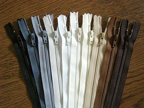 9 Inch Assorted Neutral Colors YKK Zippers Number 3 Nylon Coil Set of 10 Pieces