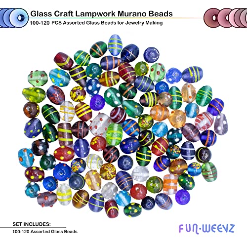 Fun-Weevz Assorted Glass Beads for Jewelry Making Adults, Bulk Glass Beads for Crafts, Lampwork Murano Bead Mix for Bracelets and Necklaces,Crafting Beads Supplies Kit, Large & Small Beads