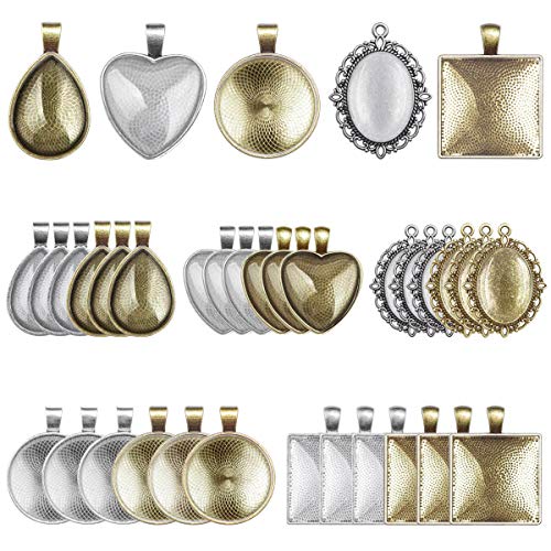 Anezus 60Pcs Pendant Trays, Bezel Pendant Trays Blanks with Glass Cabochons for Pendants Making and Jewelry Making, 5 Styles