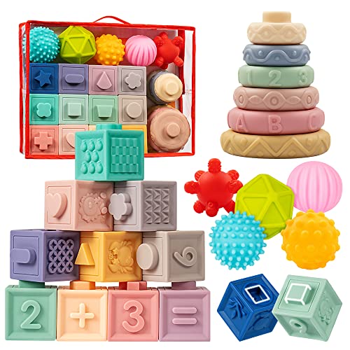 Jyusmile Baby Toys 6-12 Months, Montessori Toys for Babies 6-12 Months, Incl Stacking Building Blocks & Soft Infant Teething Toys & Sensory Balls for Toddlers 0-3-6-9-12 Months