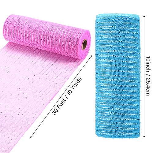 2 Pack Mesh Poly Mesh Ribbon Poly Metallic Mesh Foil Rolls 10 Inch x 30 Feet for DIY Craft Swags Easter St Patrick's Day Spring Decorating (Blue, Pink)
