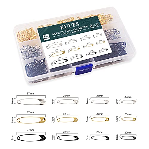 540PCS Safety Pins, EUUPS 4 Sizes Safety Pins Assorted, Durable & Large Strong Safety Pins Bulk for Art Craft Sewing Jewelry Making Home Office Use with Storage Box, Gold Silver Black