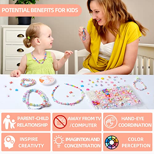 Kids DIY Bead Jewelry Making Kit, Beads for Girls Toys Bead Art and Craft Kits DIY Bracelets Necklace Hairband and Rings Toy for Age 4 5 6 7 8 9 10 11 Year Old Girl Christmas Gifts