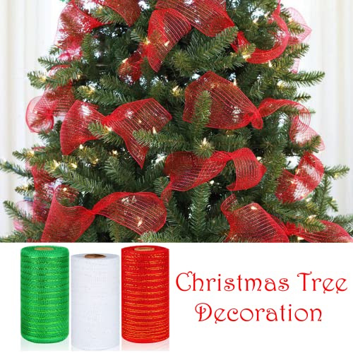 ELECLAND Christmas Ribbon for Crafts, 6in Poly Mesh Ribbon for Wreath 90ft Metallic Foil Red/Green/White Mesh Rolls for Christmas Decorations ChristmasWreath DIY Craft Supplies