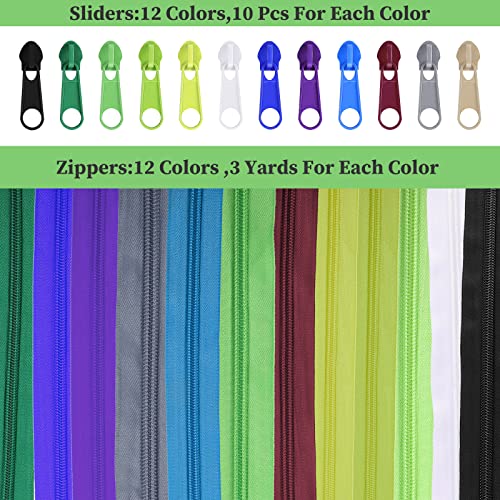 36 Yards 12 Pieces Sewing Zippers Assorted Small Nylon Zippers Lightweight Adaptable Zipper Nylon Coil Zippers Colorful Sewing Zippers 120 Plastic Zipper Sliders for Sewing Supplies(Artsy Color)