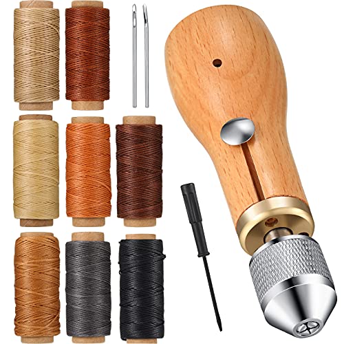 WILLBOND 12 Pcs Sewing Awl Kit Portable Leather Sewing Awl Kit Including Handheld Sewing Repair Awl Straight and Bent Needles and 8 Rolls Waxed Threads with Small Screwdriver for DIY Craft