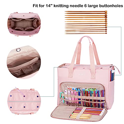 Crochet Tote Bag,Leudes Knitting Bag Fits 15.6 Inch Laptop Yarn Storage Organizer Large Yarn Holder Hook Case for Knitting & Crochet Supplies (Pink)