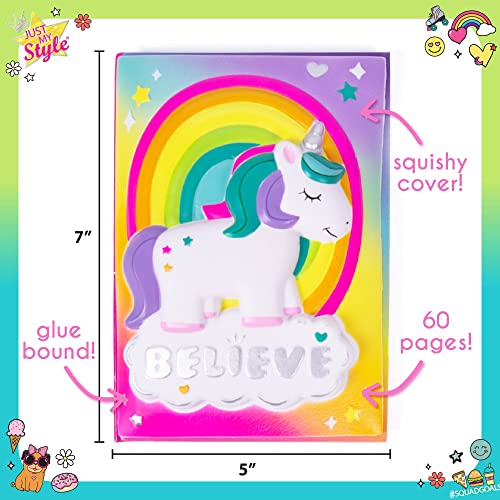 Just My Style Squishy Diary by Horizon Group USA, Slow Rising, Stress Relieving Squish. Unicorn & Rainbow. Includes Diary, Sticker Sheet & Pen, Multicolor