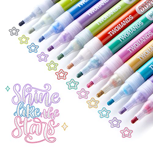 TWOHANDS Outline Markers,Glitter Pens,Metallic Markers,Fun Pens,12 Assorted Colors,Great for drawing lines on Paper,Posters,Greeting and Gift Cards 19004