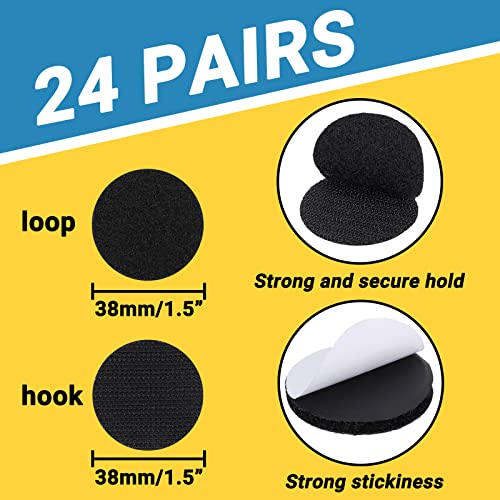 Surard Self Adhesive Fabric Dots with Adhesive, 24 Pairs 38mm/1.5” in Diameter Large Sticky Back Coin, Hook Loop Black Round Tapes Waterproof Nylon Glue Dot Tape for Office, Home, Classroom, School