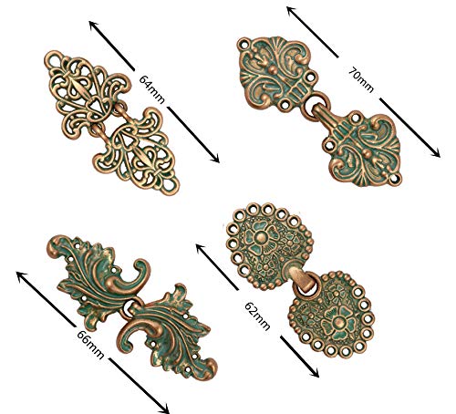 Bezelry Mixed Cloak Clasp in Copper Green Color. 4 Pairs in a Package. One Style a Pair. Sew On Hooks and Eyes Cardigan Clip.