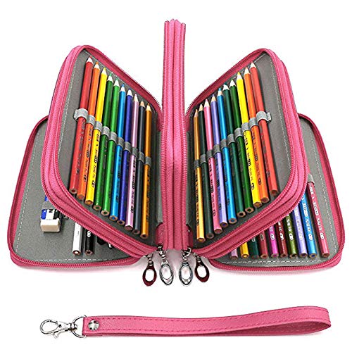 YOUSHARES 72 Slots Pencil Case - PU Leather Handy Multi-layer Large Zipper Pen Bag with Handle Strap for Colored / Watercolor Pencil (Pink)