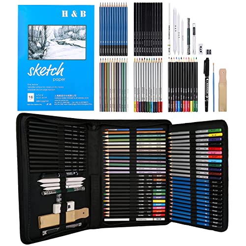 72PCS Drawing & Art Supplies Kit, Colored Sketching Pencils for Artists Kids Adults Teens, Professional Art Pencil Set with Case, Sketchpad, Watercolor & Metallic Pencil丨Ideal Beginners Coloring Set