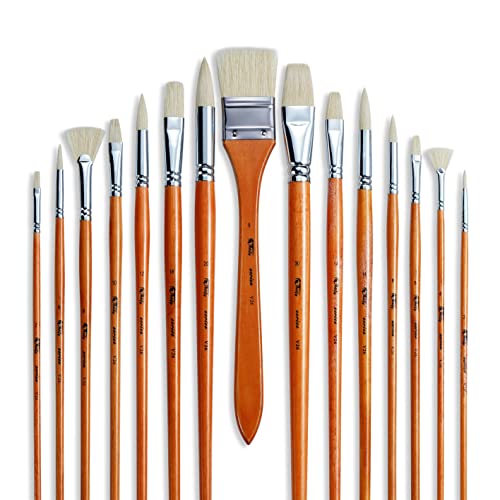 ARTIFY 15 Pieces Natural Chungking Bristle Oil Paint Brush Set, Nature Series, Long Handle, Perfect for Oil and Acrylic Painting with a Free Carrying Box