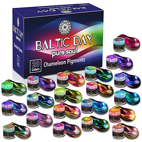 Baltic Day - Chameleon Mica Powder, 20 Jars of Color Shift Pigments Set - Holographic Mica Powder for Epoxy Resin, Tumblers, Painting, Soap Making, Nail Polish, Bath Bombs, Slime