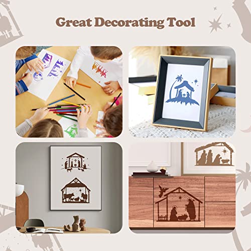 9 Pieces Nativity Scene Stencils Christmas Nativity Painting Stencil Reusable DIY Drawing Stencil for Painting on Wood Canvas Plastic Nativity Scene Paint Stencils for Crafts Fabric Home Décor