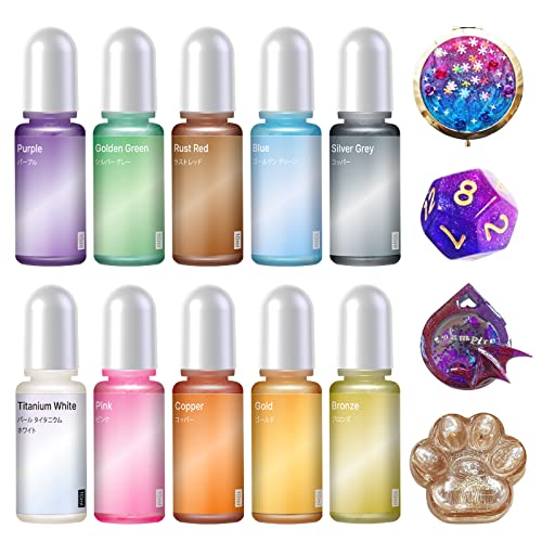 Epoxy Resin Pigment, 10 Metallic Colors, Highly Concentrated Resin Color Pigment for Resin Coloring, Resin Keychain, To Use without Cutting off the Top, 0.35oz/10ml Each