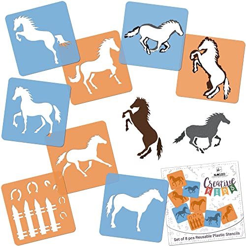 NAKLEO 8 pcs Drawing Stencils for Kids - 15x15cm (6x6 inch) - Horses - Reusable Washable Plastic - Art and Craft Template Set - Painting