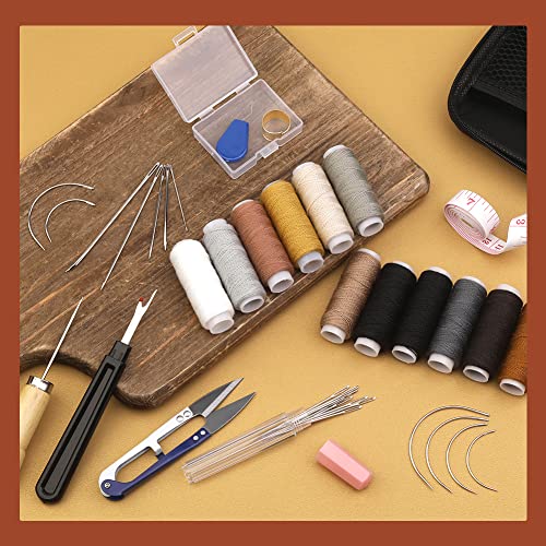 Upholstery Repair Kit, Leather Sewing Kit with Upholstery Thread Cord,Large-Eye Stitching Needles, Awl and Thimble, Leather Working Tools and Supplies for DIY Leather Craft